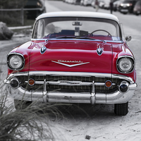 Buy canvas prints of Classic red antique car at the beach by Edward Fielding