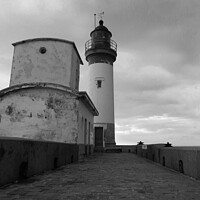 Buy canvas prints of Lighthouse of Le Treport under stormy skys in mono by Ann Biddlecombe