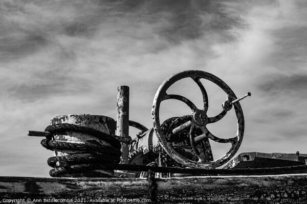 An old barge anchor winch in monochrome Picture Board by Ann Biddlecombe