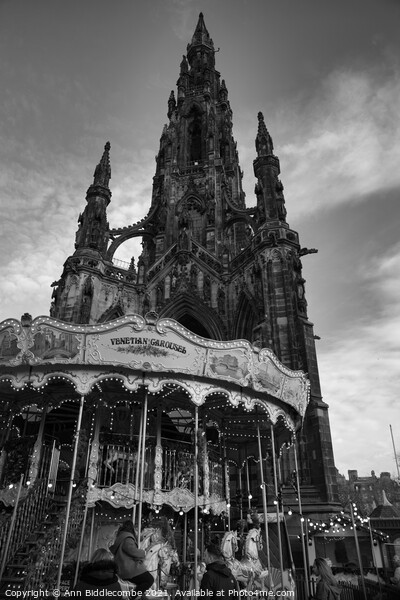 Scott monument with Carousel in Edinburgh in Monochrome Picture Board by Ann Biddlecombe