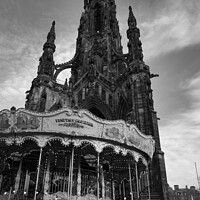 Buy canvas prints of Scott monument with Carousel in Edinburgh in Monochrome by Ann Biddlecombe