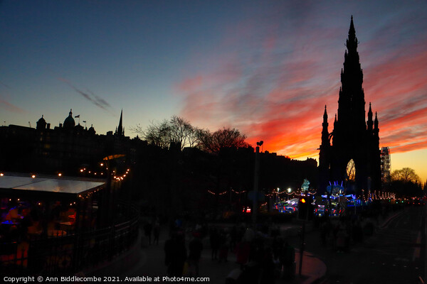Sunset over Scott monument in Edinburgh  Picture Board by Ann Biddlecombe