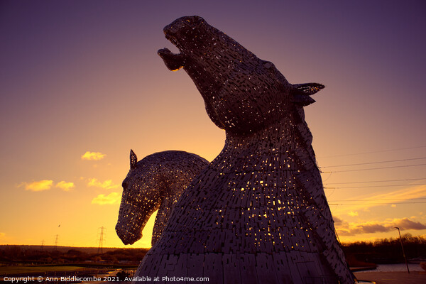 Kelpies as the sun sets Picture Board by Ann Biddlecombe