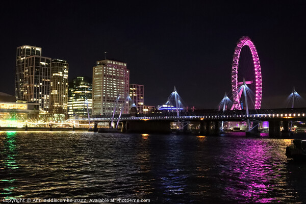 London view from side of river Thames at night Picture Board by Ann Biddlecombe