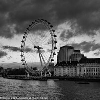 Buy canvas prints of Monochrome London eye a view on a cloudy day by Ann Biddlecombe