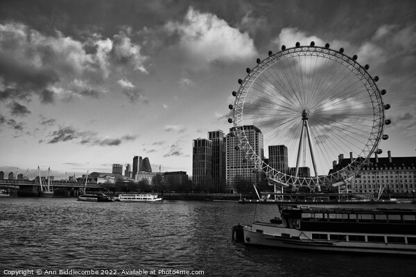 Monochrome the London eye and boats on the Thames Picture Board by Ann Biddlecombe