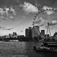 Buy canvas prints of Monochrome the London eye and boats on the Thames by Ann Biddlecombe