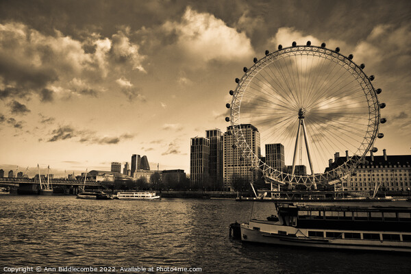 London eye and boats on the Thames in Sepia Picture Board by Ann Biddlecombe