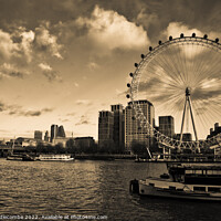 Buy canvas prints of London eye and boats on the Thames in Sepia by Ann Biddlecombe