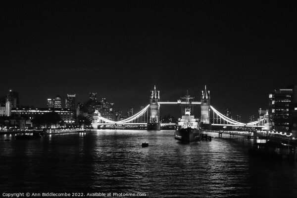 Black and white Tower bridge from London Bridge at Picture Board by Ann Biddlecombe