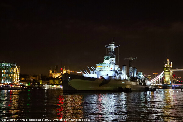 HMS Belfast on the Thames near Tower bridge Picture Board by Ann Biddlecombe