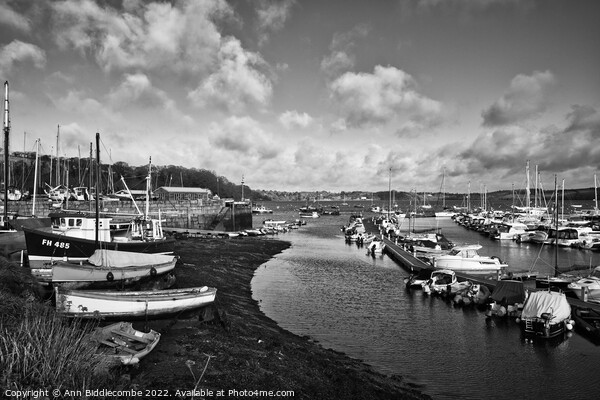 Monochrome Mylor port harbour with the tide out Picture Board by Ann Biddlecombe