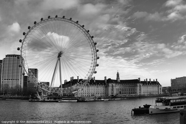 Monochrome The London Eye London City scene Picture Board by Ann Biddlecombe
