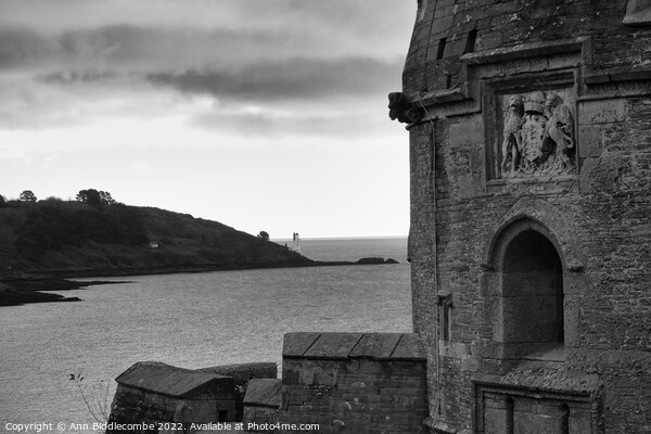Black and white St Mawes Castle with lighthouse in distance Picture Board by Ann Biddlecombe