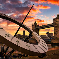 Buy canvas prints of Sundial with tower bridge sunset skys in London by Ann Biddlecombe