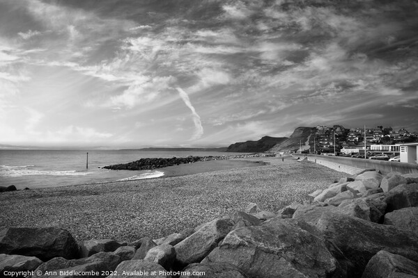 Black and white West bay beach looking towards the cliffs Picture Board by Ann Biddlecombe