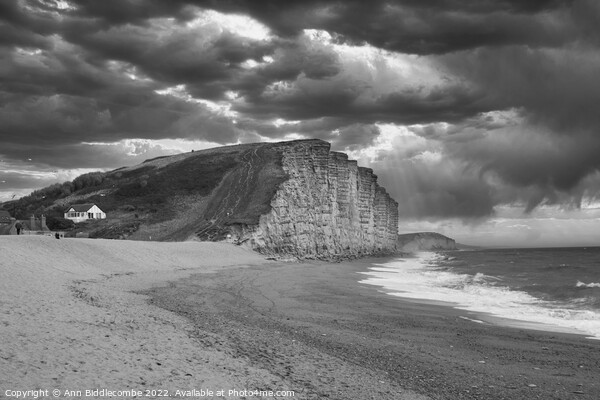 Black and white West bay beach and cliffs Picture Board by Ann Biddlecombe