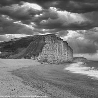 Buy canvas prints of Black and white West bay beach and cliffs by Ann Biddlecombe