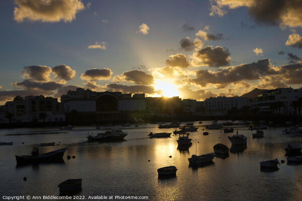 Sunset over Arrecife inner harbour Picture Board by Ann Biddlecombe