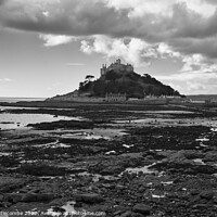 Buy canvas prints of St Michaels Mount from the rocks in monochrome by Ann Biddlecombe