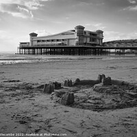 Buy canvas prints of Weston-Super-Mare  sand castle in black and white by Ann Biddlecombe