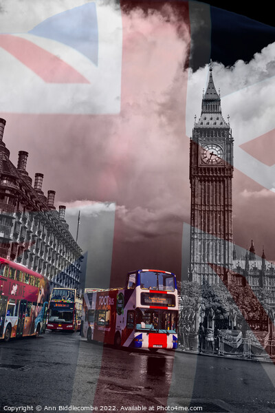 Union Jack Big Ben and London buses Picture Board by Ann Biddlecombe