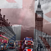 Buy canvas prints of Union Jack Big Ben and London buses by Ann Biddlecombe