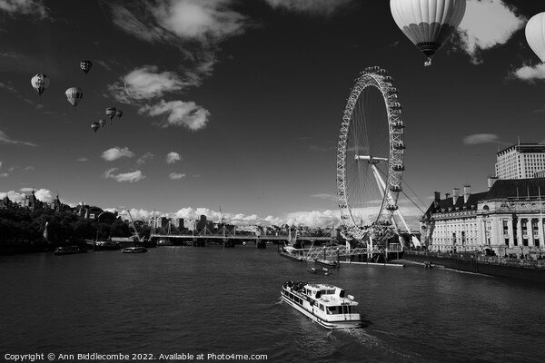 black and white  London eye as hot air balloon's f Picture Board by Ann Biddlecombe