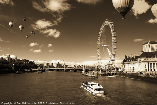 Sepia  London eye as hot air balloon's fly over Picture Board by Ann Biddlecombe