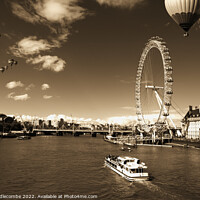Buy canvas prints of Sepia  London eye as hot air balloon's fly over by Ann Biddlecombe