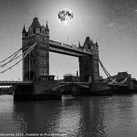 Buy canvas prints of Monochrome Moon lit night over tower bridge by Ann Biddlecombe