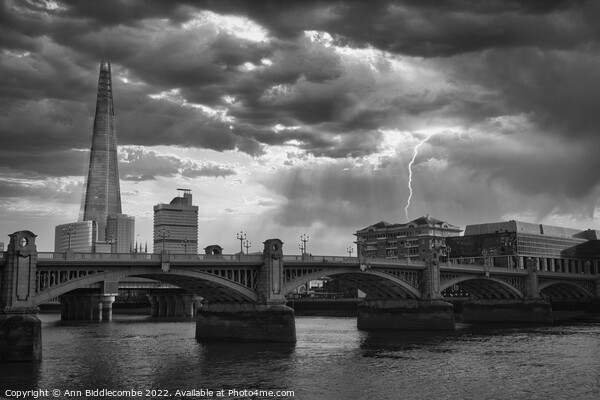The Shard behind the Southwark Bridge in monochrome Picture Board by Ann Biddlecombe