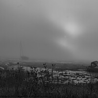 Buy canvas prints of Wilcove in Torpoint on a misty morning in black and white by Ann Biddlecombe