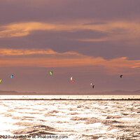Buy canvas prints of Kite Surfers over the Lake in Sete by Ann Biddlecombe