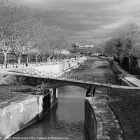 Buy canvas prints of Black and White, Canal du Midi at Beziers looking  by Ann Biddlecombe