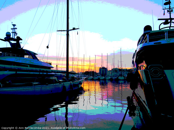 A posterized sunset behind the boats in Cannes Picture Board by Ann Biddlecombe