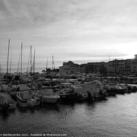Buy canvas prints of Monochrome Cannes marina at sunset by Ann Biddlecombe