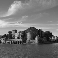 Buy canvas prints of A view of the Chateau from the harbor in monochrom by Ann Biddlecombe