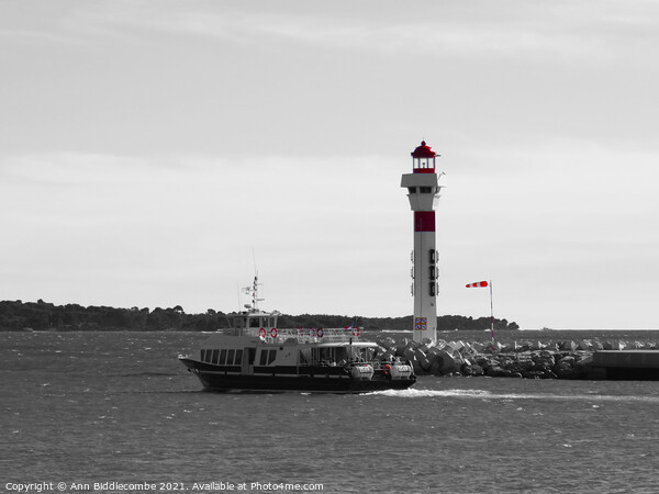 Cannes ferry to the islands in monochrome with red Picture Board by Ann Biddlecombe