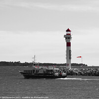 Buy canvas prints of Cannes ferry to the islands in monochrome with red by Ann Biddlecombe