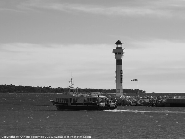 Cannes ferry to the islands in monochrome Picture Board by Ann Biddlecombe