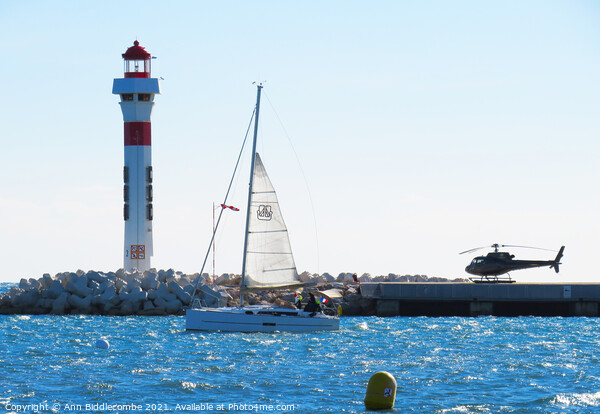 Lighthouse, Yacht and Helicopter in Cannes Picture Board by Ann Biddlecombe