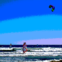 Buy canvas prints of Posterized Windsurfers and Kite surfers  at Palm B by Ann Biddlecombe