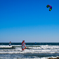 Buy canvas prints of  Windsurfers and Kite surfers  at Palm Beach by Ann Biddlecombe