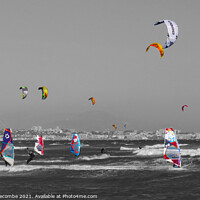 Buy canvas prints of Windsurfers and Kite surfers on Palm Beach with selective colors by Ann Biddlecombe