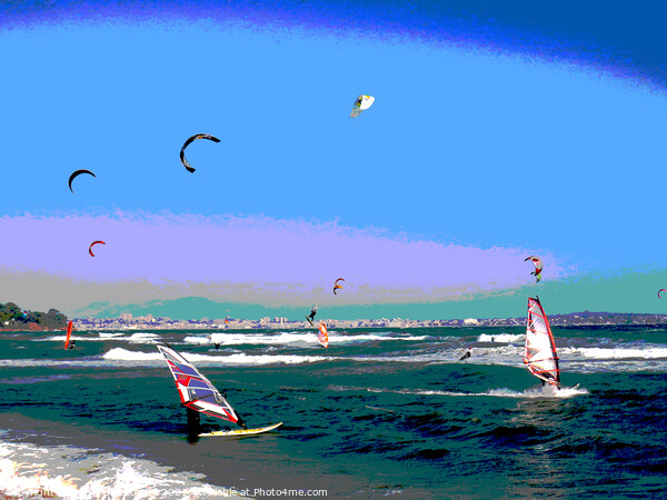 Posterized windsurfers and kite surfers on Palm be Picture Board by Ann Biddlecombe