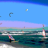 Buy canvas prints of Posterized windsurfers and kite surfers on Palm be by Ann Biddlecombe