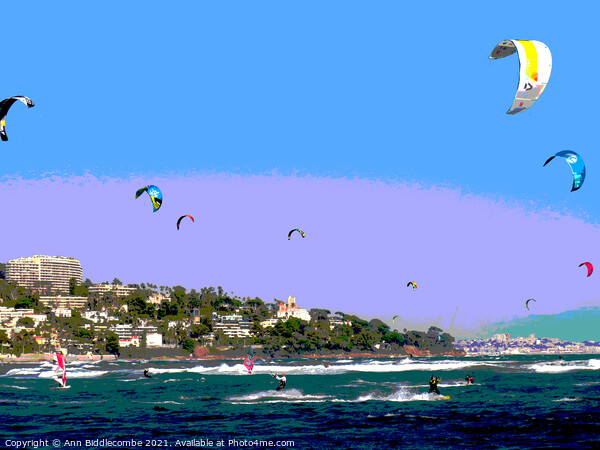 Posterized kite surfers and windsurfers on Palm beach Picture Board by Ann Biddlecombe