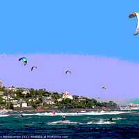 Buy canvas prints of Posterized kite surfers and windsurfers on Palm beach by Ann Biddlecombe