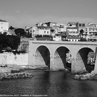 Buy canvas prints of Bridge on the coast of Marseille in monochrome by Ann Biddlecombe